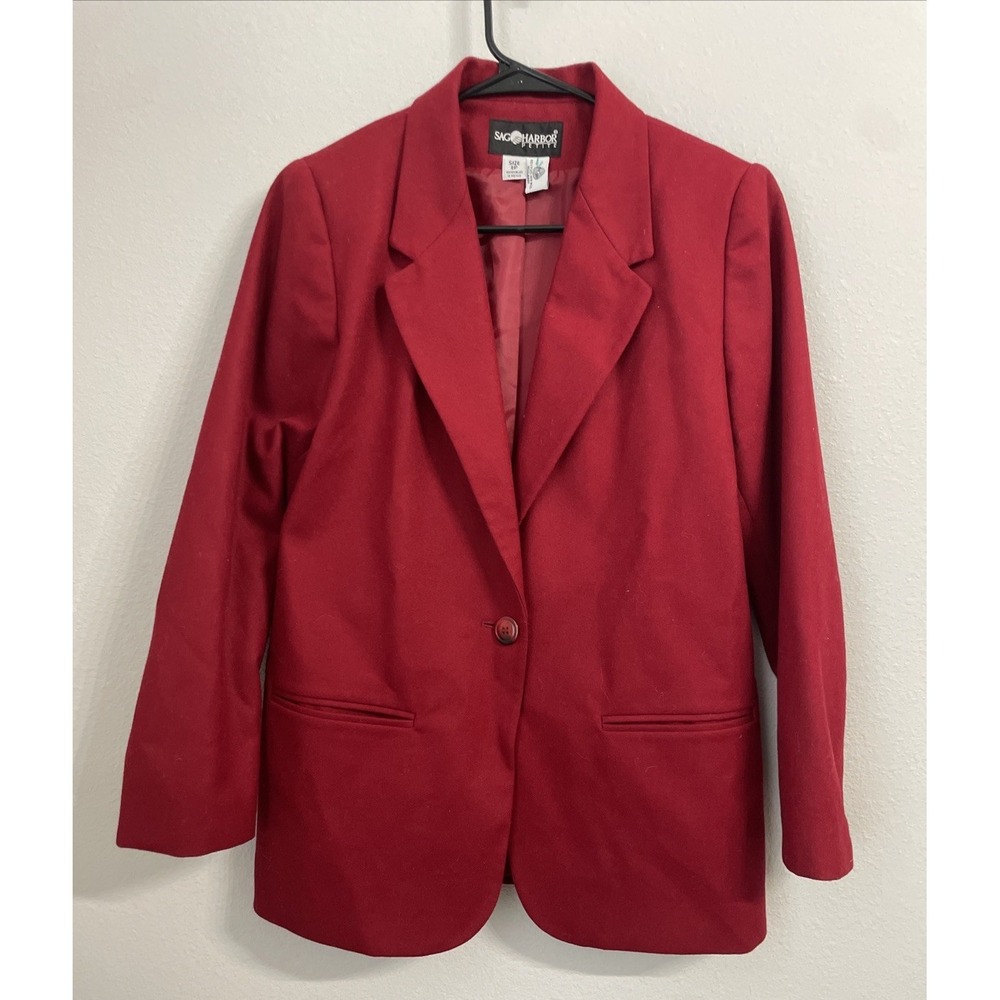 Sag Harbor Blazer Womens 8P Red Wool Petite Lined Single Button Jacket